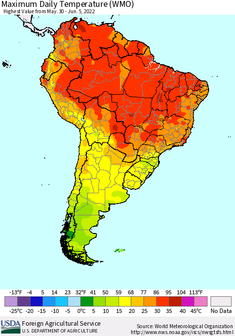 South America Maximum Daily Temperature (WMO) Thematic Map For 5/30/2022 - 6/5/2022