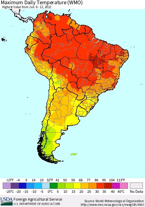 South America Maximum Daily Temperature (WMO) Thematic Map For 6/6/2022 - 6/12/2022