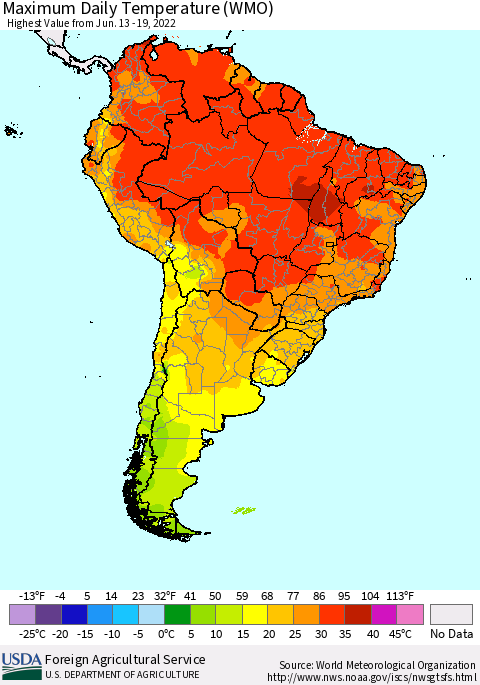 South America Maximum Daily Temperature (WMO) Thematic Map For 6/13/2022 - 6/19/2022