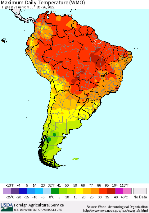 South America Maximum Daily Temperature (WMO) Thematic Map For 6/20/2022 - 6/26/2022