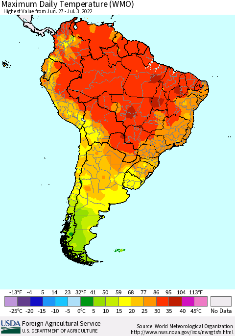 South America Maximum Daily Temperature (WMO) Thematic Map For 6/27/2022 - 7/3/2022