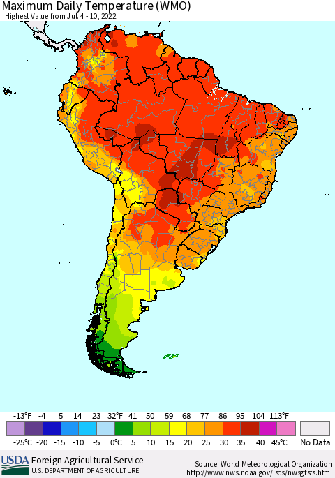 South America Maximum Daily Temperature (WMO) Thematic Map For 7/4/2022 - 7/10/2022