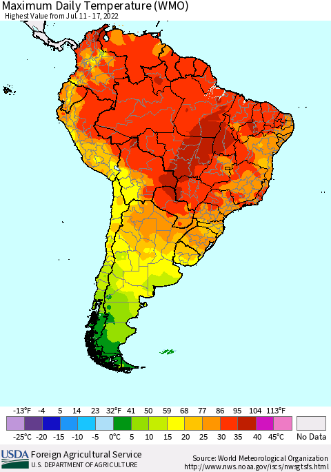 South America Maximum Daily Temperature (WMO) Thematic Map For 7/11/2022 - 7/17/2022