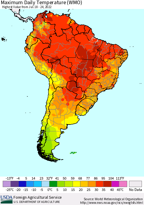 South America Maximum Daily Temperature (WMO) Thematic Map For 7/18/2022 - 7/24/2022