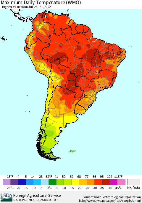 South America Maximum Daily Temperature (WMO) Thematic Map For 7/25/2022 - 7/31/2022