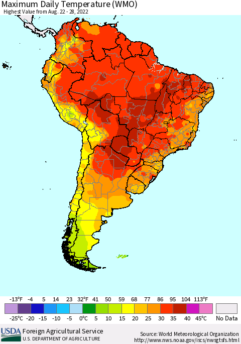 South America Maximum Daily Temperature (WMO) Thematic Map For 8/22/2022 - 8/28/2022
