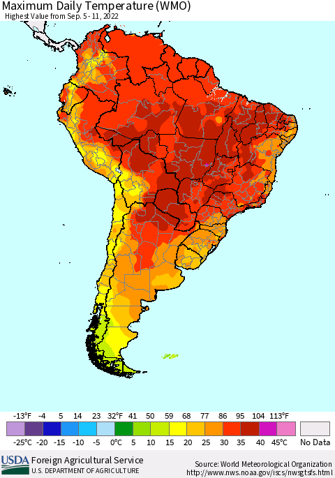 South America Maximum Daily Temperature (WMO) Thematic Map For 9/5/2022 - 9/11/2022