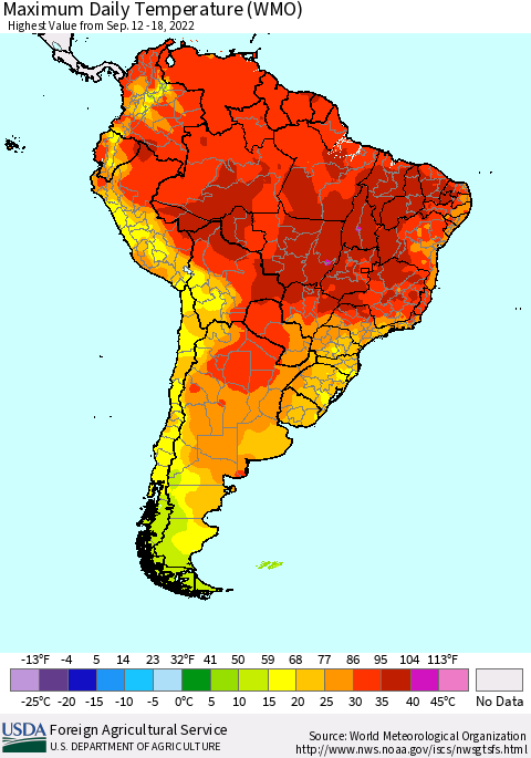 South America Maximum Daily Temperature (WMO) Thematic Map For 9/12/2022 - 9/18/2022
