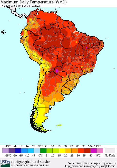 South America Maximum Daily Temperature (WMO) Thematic Map For 10/3/2022 - 10/9/2022