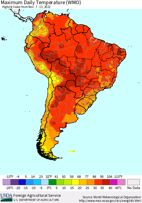 South America Maximum Daily Temperature (WMO) Thematic Map For 11/7/2022 - 11/13/2022