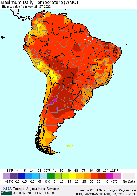 South America Maximum Daily Temperature (WMO) Thematic Map For 11/21/2022 - 11/27/2022