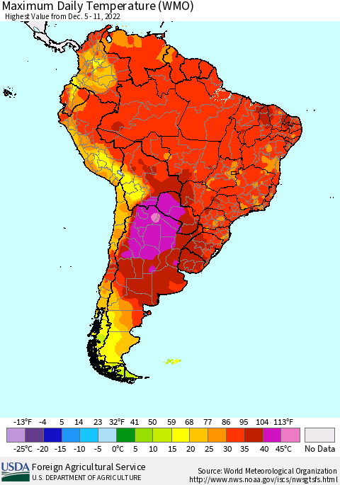 South America Maximum Daily Temperature (WMO) Thematic Map For 12/5/2022 - 12/11/2022