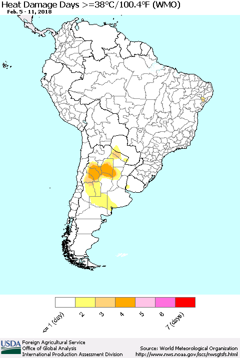 South America Heat Damage Days >=38°C/100°F (WMO) Thematic Map For 2/5/2018 - 2/11/2018