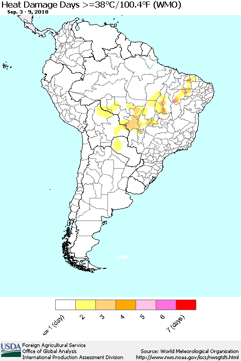South America Heat Damage Days >=38°C/100°F (WMO) Thematic Map For 9/3/2018 - 9/9/2018