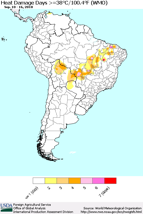 South America Heat Damage Days >=38°C/100°F (WMO) Thematic Map For 9/10/2018 - 9/16/2018