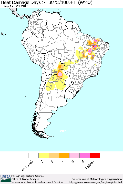 South America Heat Damage Days >=38°C/100°F (WMO) Thematic Map For 9/17/2018 - 9/23/2018