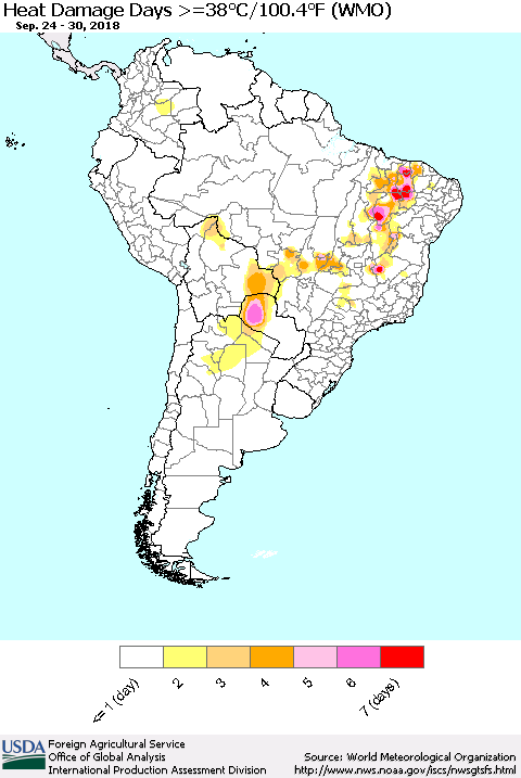 South America Heat Damage Days >=38°C/100°F (WMO) Thematic Map For 9/24/2018 - 9/30/2018