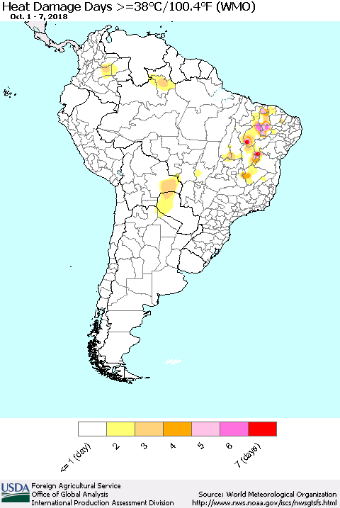 South America Heat Damage Days >=38°C/100°F (WMO) Thematic Map For 10/1/2018 - 10/7/2018