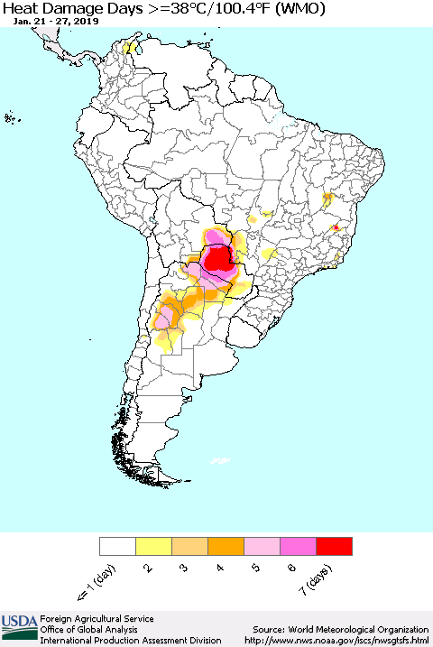 South America Heat Damage Days >=38°C/100°F (WMO) Thematic Map For 1/21/2019 - 1/27/2019
