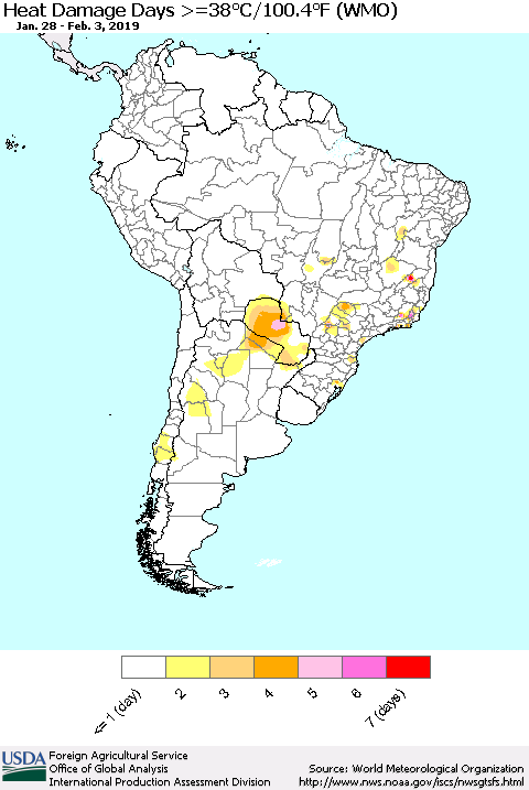 South America Heat Damage Days >=38°C/100°F (WMO) Thematic Map For 1/28/2019 - 2/3/2019