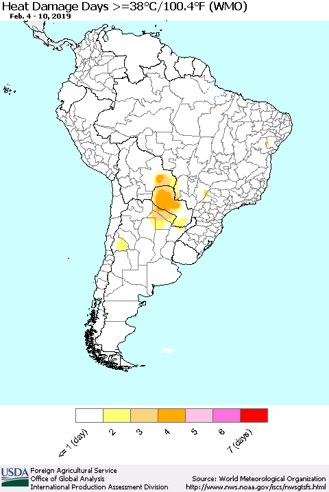 South America Heat Damage Days >=38°C/100°F (WMO) Thematic Map For 2/4/2019 - 2/10/2019