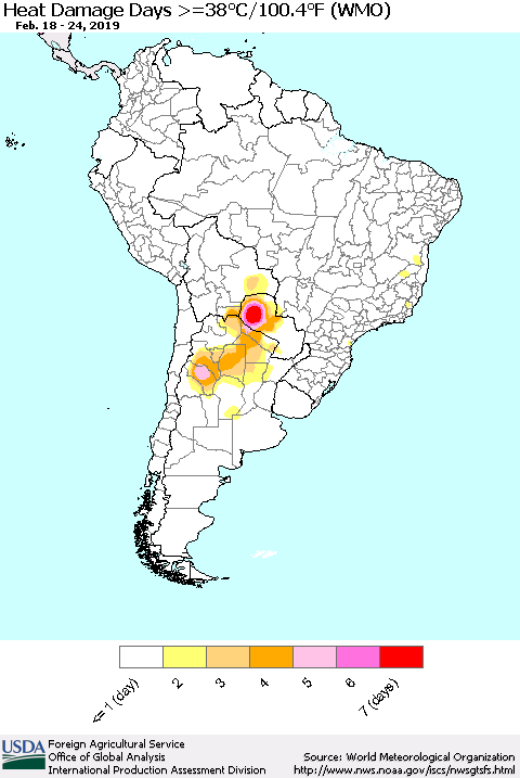 South America Heat Damage Days >=38°C/100°F (WMO) Thematic Map For 2/18/2019 - 2/24/2019