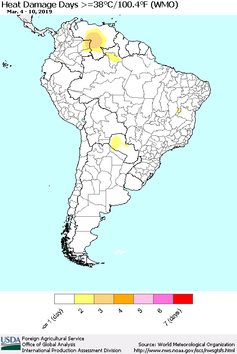 South America Heat Damage Days >=38°C/100°F (WMO) Thematic Map For 3/4/2019 - 3/10/2019