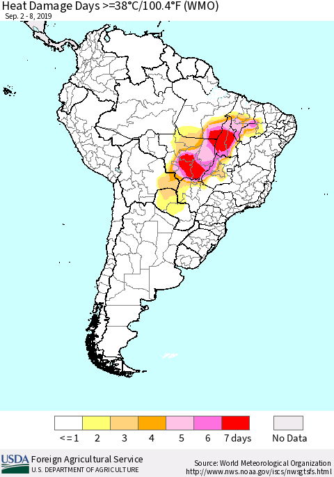 South America Heat Damage Days >=38°C/100°F (WMO) Thematic Map For 9/2/2019 - 9/8/2019