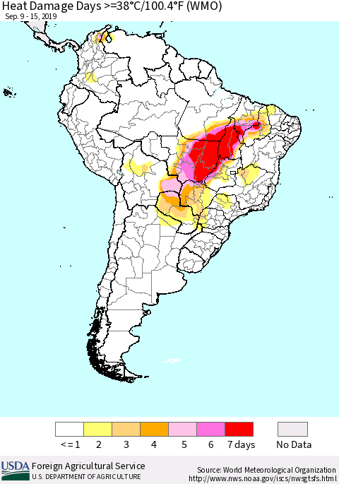 South America Heat Damage Days >=38°C/100°F (WMO) Thematic Map For 9/9/2019 - 9/15/2019