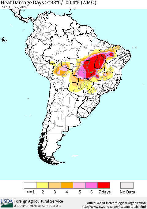 South America Heat Damage Days >=38°C/100°F (WMO) Thematic Map For 9/16/2019 - 9/22/2019