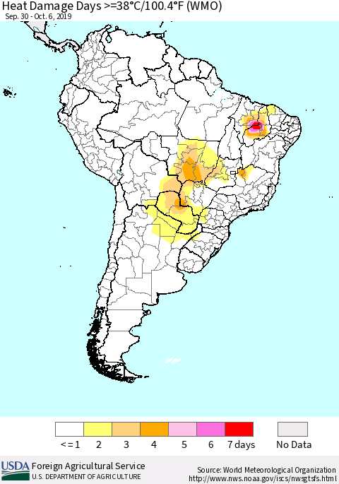 South America Heat Damage Days >=38°C/100°F (WMO) Thematic Map For 9/30/2019 - 10/6/2019