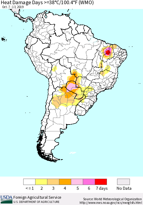 South America Heat Damage Days >=38°C/100°F (WMO) Thematic Map For 10/7/2019 - 10/13/2019