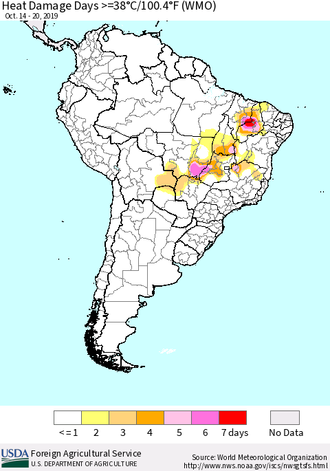 South America Heat Damage Days >=38°C/100°F (WMO) Thematic Map For 10/14/2019 - 10/20/2019
