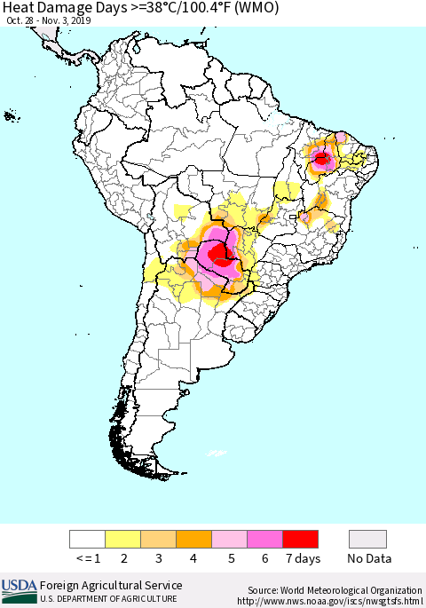 South America Heat Damage Days >=38°C/100°F (WMO) Thematic Map For 10/28/2019 - 11/3/2019