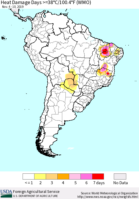 South America Heat Damage Days >=38°C/100°F (WMO) Thematic Map For 11/4/2019 - 11/10/2019