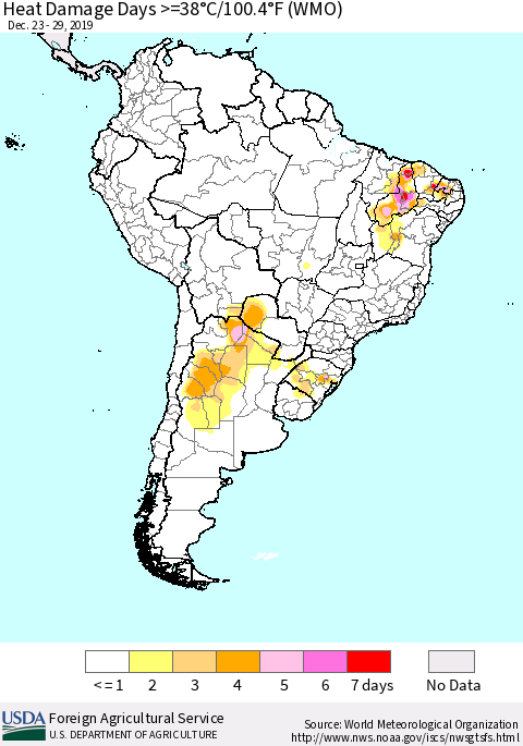 South America Heat Damage Days >=38°C/100°F (WMO) Thematic Map For 12/23/2019 - 12/29/2019