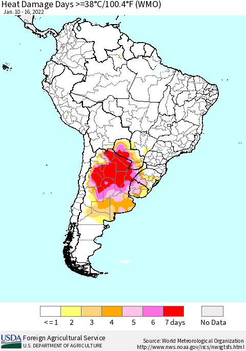 South America Heat Damage Days >=38°C/100°F (WMO) Thematic Map For 1/10/2022 - 1/16/2022