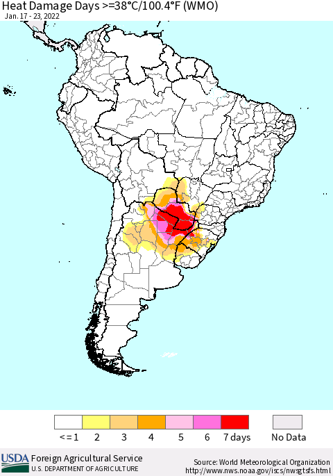 South America Heat Damage Days >=38°C/100°F (WMO) Thematic Map For 1/17/2022 - 1/23/2022