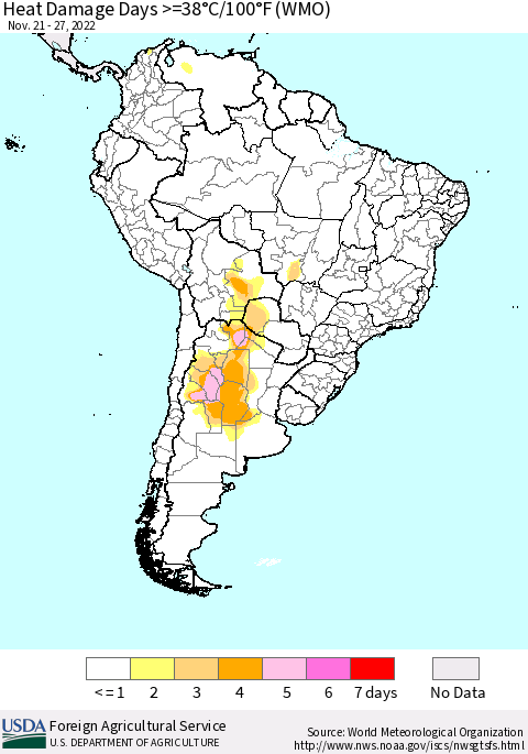 South America Heat Damage Days >=38°C/100°F (WMO) Thematic Map For 11/21/2022 - 11/27/2022