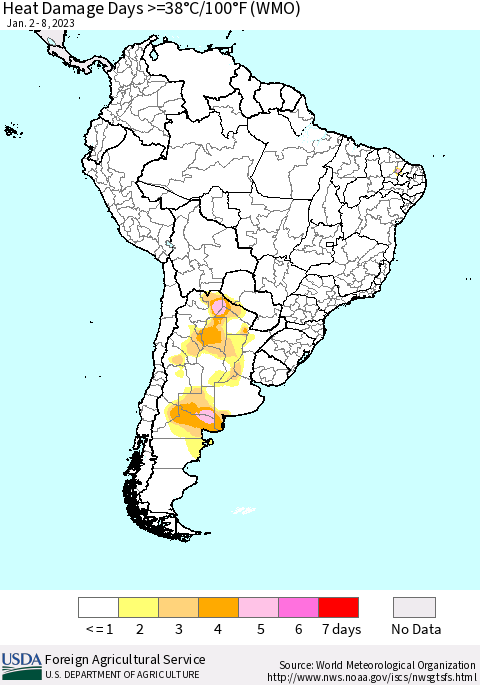South America Heat Damage Days >=38°C/100°F (WMO) Thematic Map For 1/2/2023 - 1/8/2023