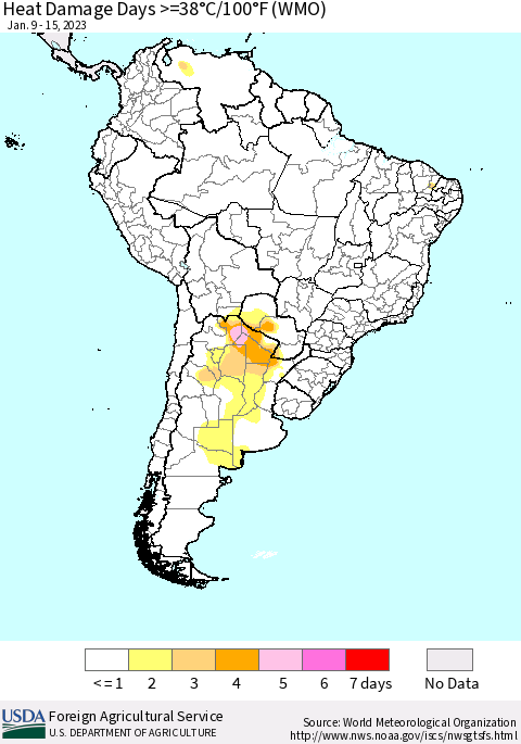 South America Heat Damage Days >=38°C/100°F (WMO) Thematic Map For 1/9/2023 - 1/15/2023