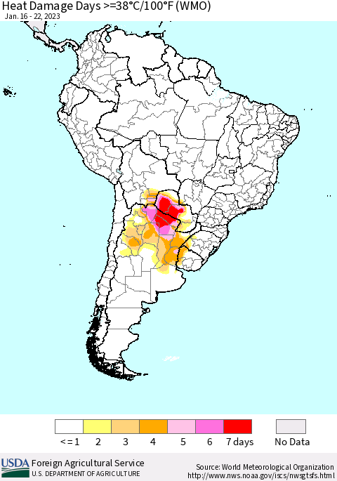 South America Heat Damage Days >=38°C/100°F (WMO) Thematic Map For 1/16/2023 - 1/22/2023