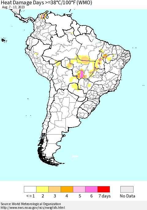 South America Heat Damage Days >=38°C/100°F (WMO) Thematic Map For 8/7/2023 - 8/13/2023