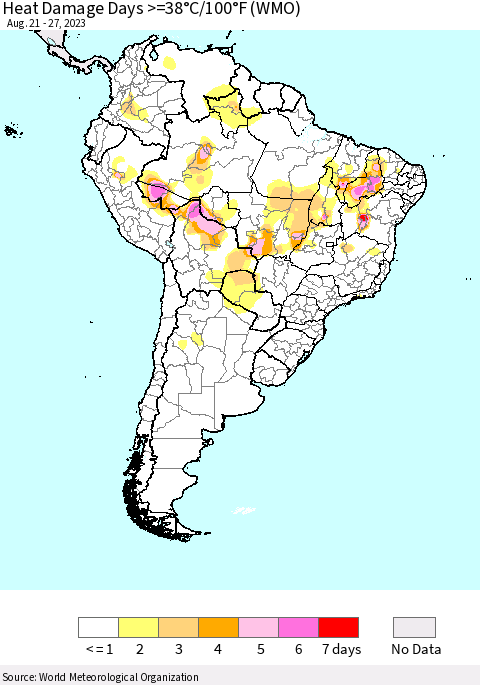 South America Heat Damage Days >=38°C/100°F (WMO) Thematic Map For 8/21/2023 - 8/27/2023