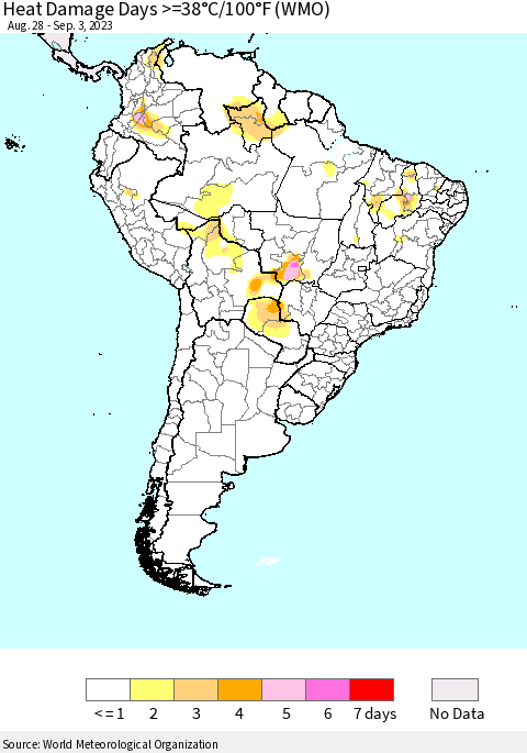 South America Heat Damage Days >=38°C/100°F (WMO) Thematic Map For 8/28/2023 - 9/3/2023
