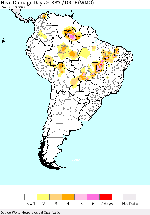 South America Heat Damage Days >=38°C/100°F (WMO) Thematic Map For 9/4/2023 - 9/10/2023