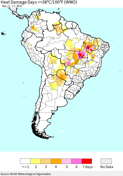 South America Heat Damage Days >=38°C/100°F (WMO) Thematic Map For 9/11/2023 - 9/17/2023