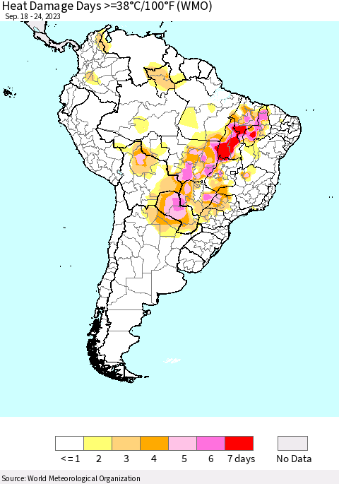 South America Heat Damage Days >=38°C/100°F (WMO) Thematic Map For 9/18/2023 - 9/24/2023