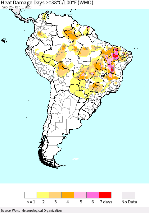 South America Heat Damage Days >=38°C/100°F (WMO) Thematic Map For 9/25/2023 - 10/1/2023