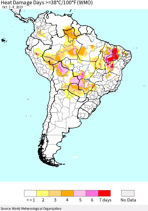 South America Heat Damage Days >=38°C/100°F (WMO) Thematic Map For 10/2/2023 - 10/8/2023